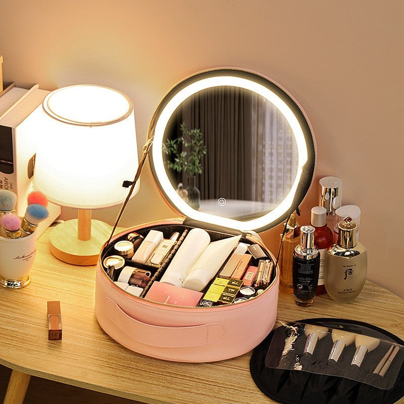 Trebeau Round Cosmetic Travel LED Makeup Bag With Mirror Lights