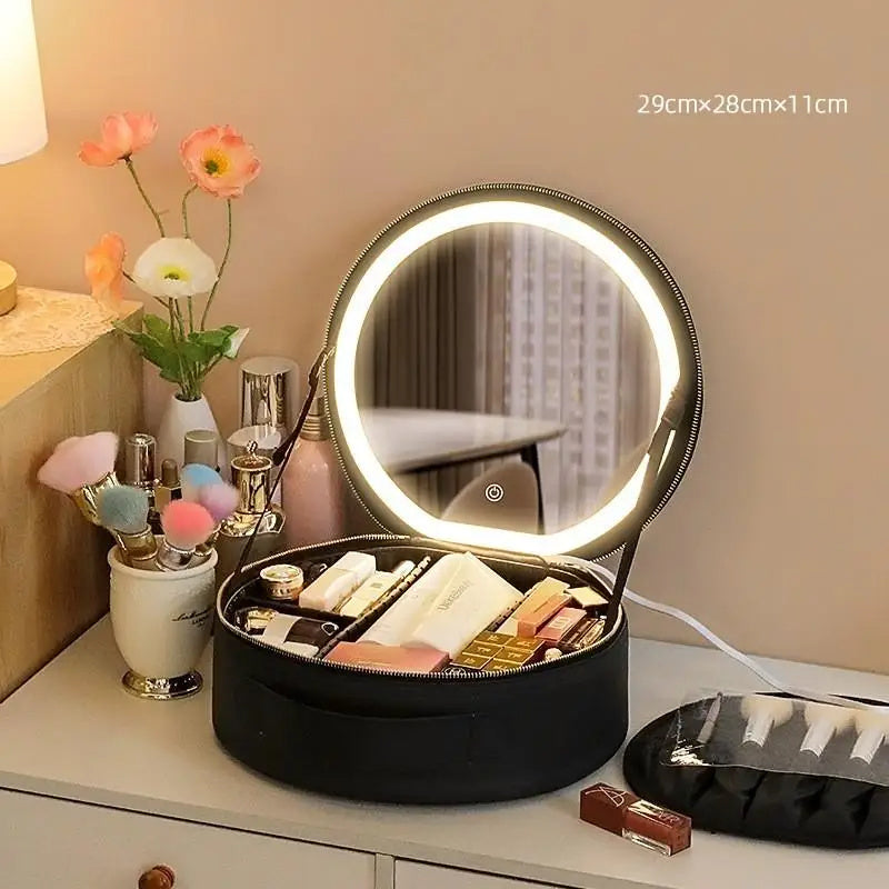 Trebeau Round Cosmetic Travel LED Makeup Bag With Mirror Lights