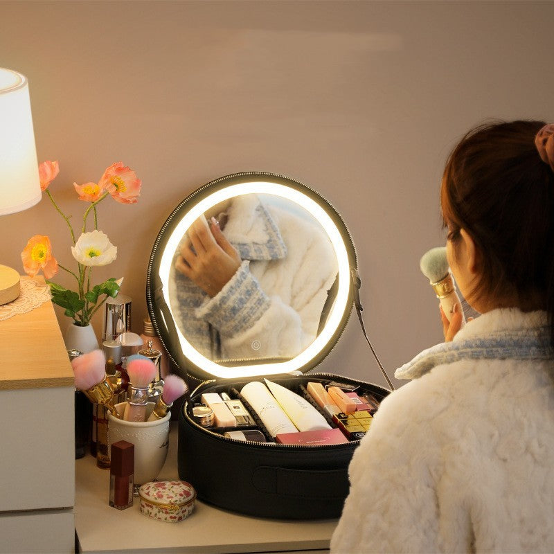 Trebeau Round Cosmetic Travel LED Makeup Bag With Mirror Lights